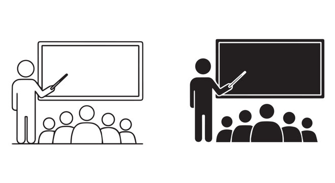 A set of simple black and white icons depicting a teacher presenting information on a whiteboard to an audience of students isolated on transparent background