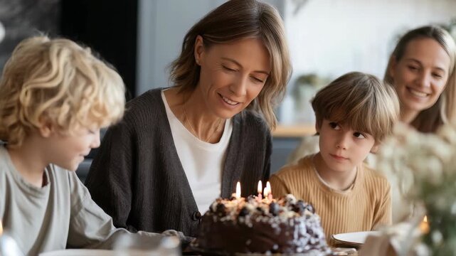 Happy family celebrating a birthday at home, with a smiling mother surrounded by her children and a chocolate cake with candles. Warm, joyful atmosphere and togetherness