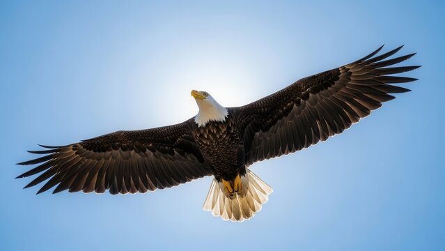 Majestic bald eagle soaring through clear blue sky with sun behind