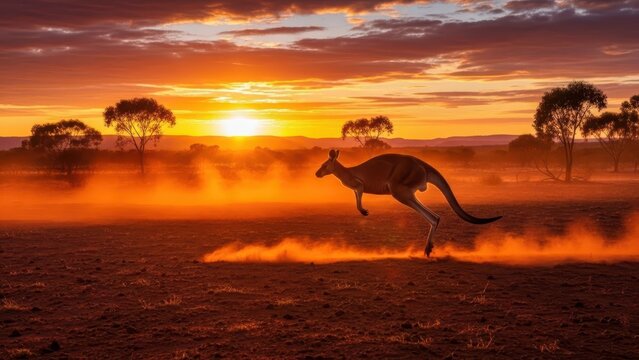 Kangaroo running freely in Australian outback at sunset