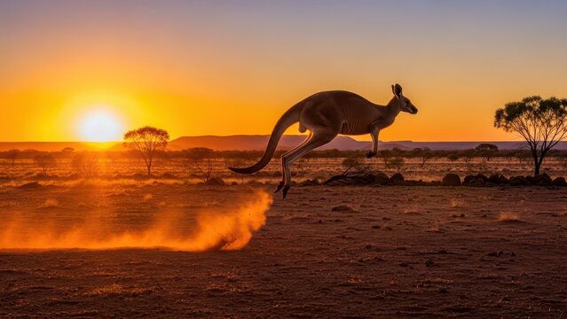 Kangaroo jumping across Australian outback at sunset
