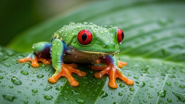 Vibrant green frog with red eyes on wet leaf in rainforest