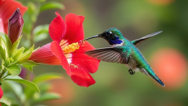Vibrant hummingbird feeding on bright red hibiscus flower in garden