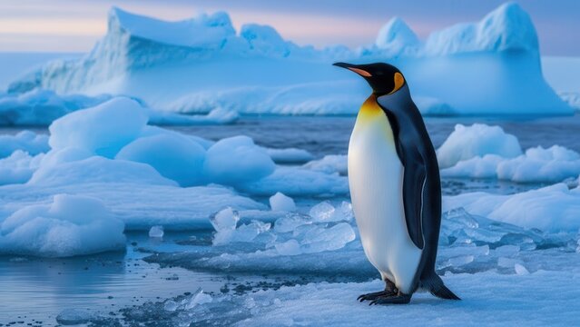 Majestic king penguin standing on icy shoreline with glaciers