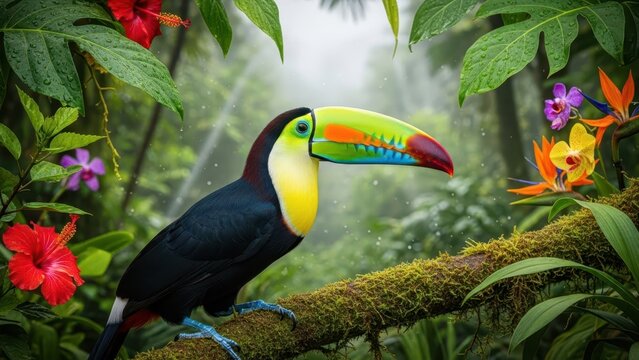 Vibrant toucan perched on mossy branch in lush tropical rainforest