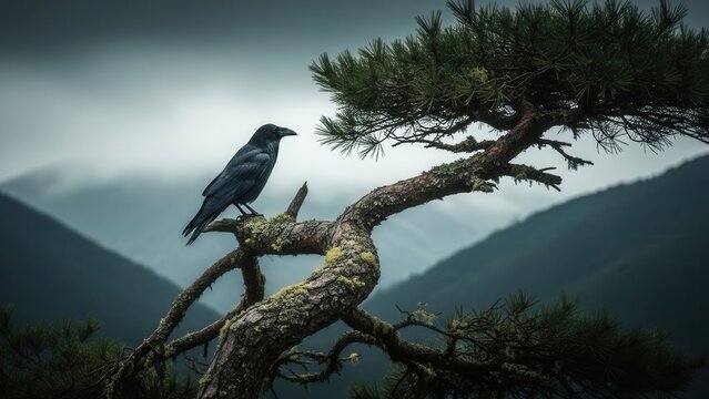 Mysterious raven perched on ancient twisted tree branch in misty mountains