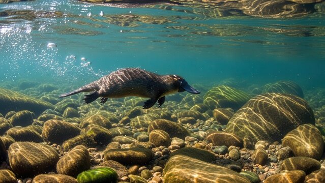 Platypus swims underwater among rocks in clear blue water