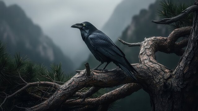 Mysterious black bird perched on twisted tree branch in misty mountains
