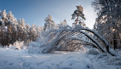 Snow Covered Trees Bending Under Weight Of Snow In Winter Forest
