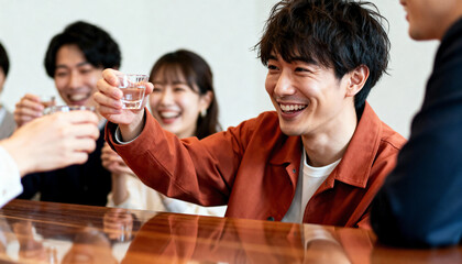 Smiling Japanese man toasting with friends at a bar. Group of young Asian people drinking sake and celebrating a social gathering