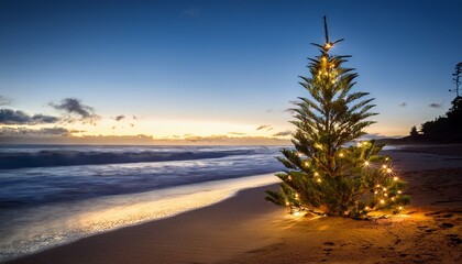 Fairy Lights Twinkle On A Coastal Australian Christmas Tree Blurred Beach Background Xmas Tree