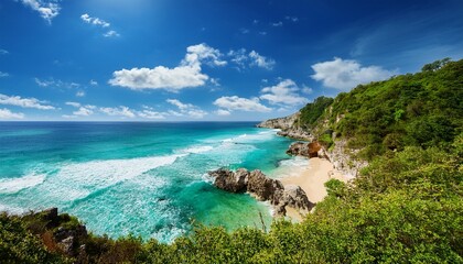A Colorful Vibrant Illustration Of A Beach Scene Featuring Lush Greenery Rocky Cliffs And A Bright Blue Ocean Under A Sunny Cloud Filled Sky