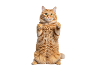an ultra-detailed, long-haired, ginger tabby cat standing upright in a boxing stance, vibrant fur texture, isolated on a transparent backdrop with high-key studio light. concept of humorous pet
