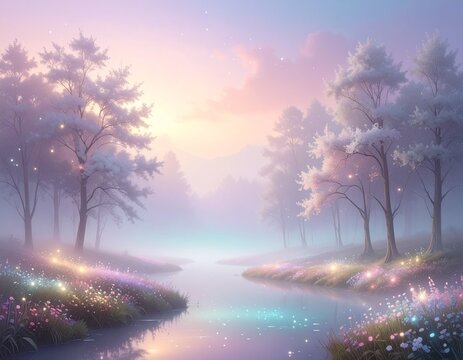Paysage brumeux pastel, ambiance magique