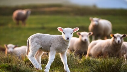Isolated Lamb With Grazing Sheep In Background