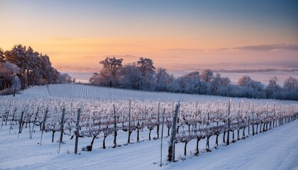 Pristine Snow Covered Vineyard At Dawn With Rows Of Grapevines Blanketed In Frost Generative Ai