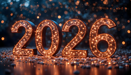 Glowing 2026 numbers with sparkling lights on rocky ground