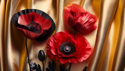 Artistic Arrangement Of Red And Black Poppy Flowers Against A Draped Golden Fabric Background