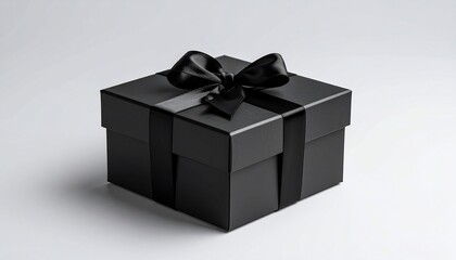 A square black gift box with a matching satin ribbon bow, isolated on white