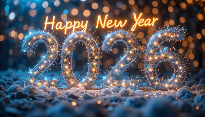 Happy New Year 2026 celebration with sparkling numbers in snow