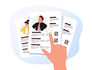 Hand interacting with transparent digital documents and checklists in a futuristic interface, vector on background