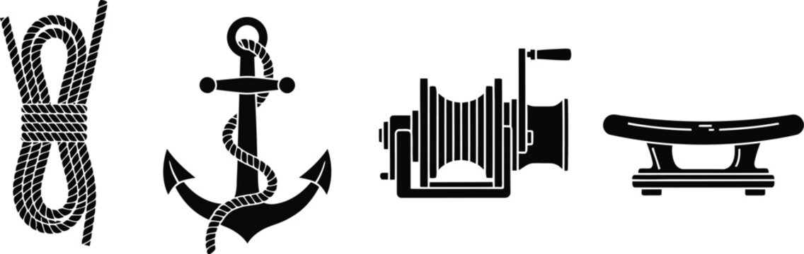 Nautical rope anchor winch and cleat icons rope, knot, coiled rope, anchor, ship