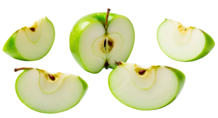 Green apple slices and half cut isolated on transparent background