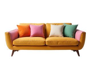 Fototapeta premium A bright and cheerful living room sofa with vibrant cushions, perfect for home decor or design inspiration