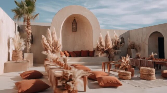 An outdoor lounge area, featuring arched alcoves, seating, palm tree, and decorative elements