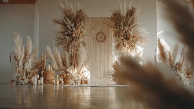 A neutral-toned space decorated with dried plants and candles, featuring a macrame backdrop