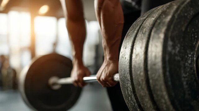 Close up of muscular arms gripping a heavy barbell during an intense weightlifting workout at a modern gym. Strength training and fitness dedication are highlighted in this powerful scene