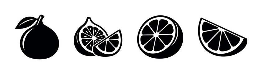Fruit set with figs and citrus, flat vector illustration, black silhouette style