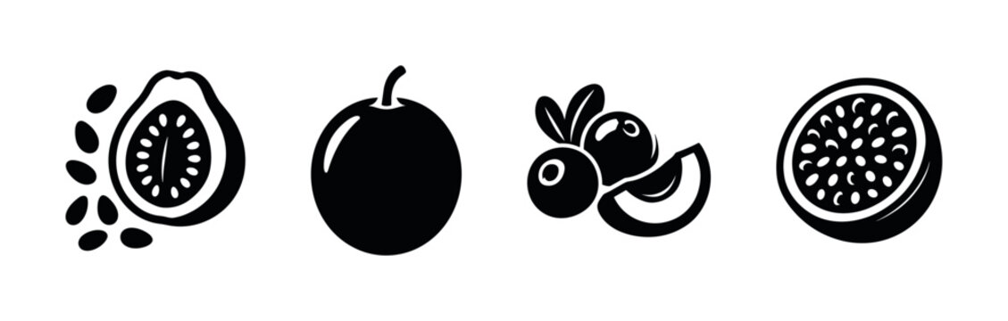 Papaya fruit icons set, whole, sliced, flat vector illustration with seeds