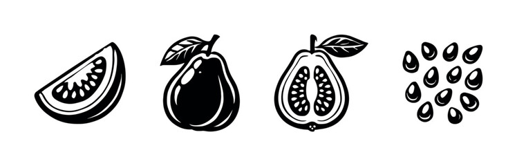 Guava fruit set, seeds and leaves, flat vector illustration, tropical fruit art