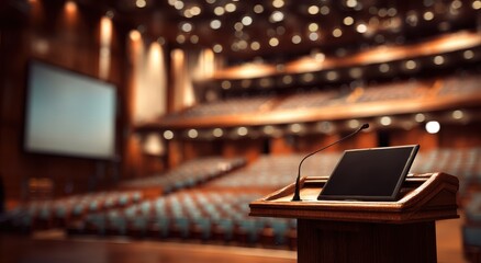 Elegant Podium with Tablet on Stage in Warmly Lit Empty Auditorium, Awaiting Presentation.