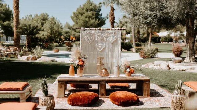 Outdoor gathering area with macrame backdrop, wood table, cushions, plants, and greenery under a sunny sky