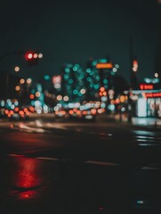 Nighttime cityscape. Blurred lights of vehicles and buildings create a dreamy atmosphere
