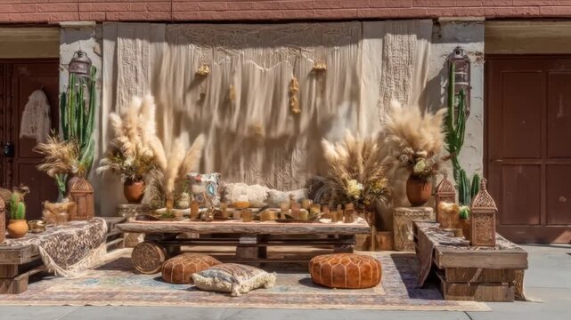 A boho-chic outdoor setup with rustic pallets, dried florals, lanterns, and textured rugs