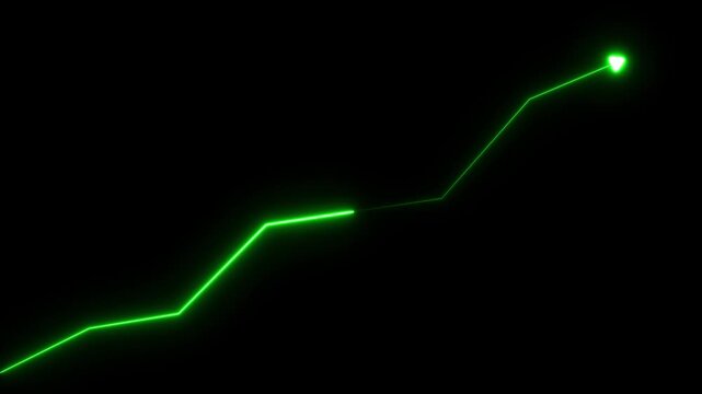 Green Neon Graph Line with Arrow on Black Background. Market Recovery Concept. Successful growth trend blue line graph going Up.