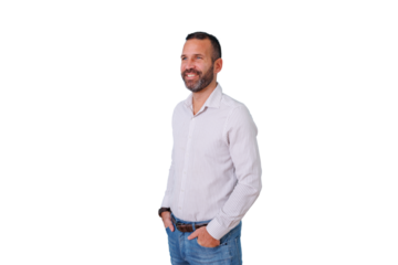 Man with beard standing, looking away and smiling. He is feeling confident, joyful, and successful. Transparent background