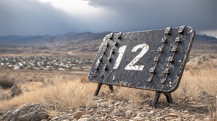 Old metal sign with white number twelve on it stands overlooking a small town