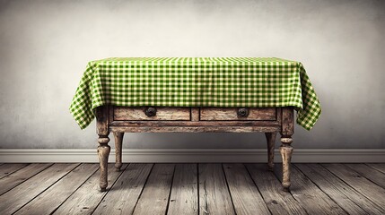 Old wooden table draped with a green and white checkered tablecloth against a textured wall