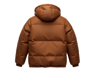 Cozy brown down jacket with a hood on a white background, perfect for winter fashion or outdoor activities