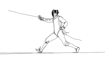 One-line illustration of a person fencing, poised with foil extended, in a competitive stance