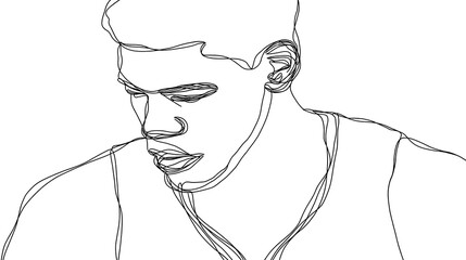 One-line, minimalist drawing of a person's face and upper body in a thoughtful pose