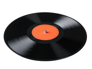 A black vinyl record with an orange disc