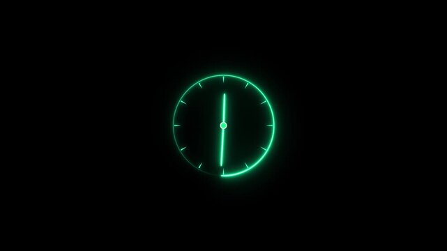 Neon green clock face with hands at time digital. Clock icon neon light 24 Hour Day Fast Speed.