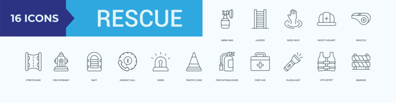 Rescue Icon Pack Illustration Vector with ambu bag, ladder, need, help, safety, helmet, whistle, stretcher, fire, hydrant, raft, urgent