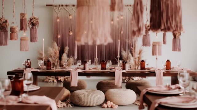 A boho-chic dining area, featuring a long wooden table, macrame accents, and soft, warm lighting