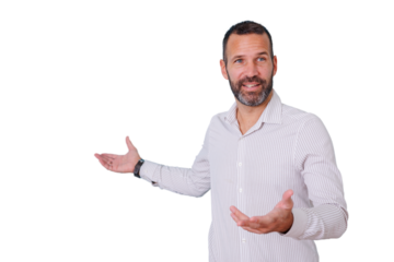 Middle-aged man with beard smiling and presenting, inviting with open hands, gesturing product or service. Transparent background
